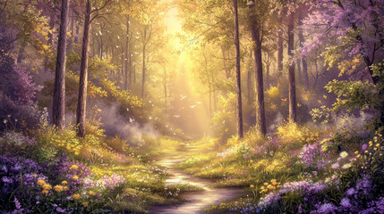 Fototapeta premium Serene Forest Scene at Dawn with Mist and Wildflowers