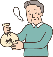 ため息をつきながら税金を納めるシニア男性