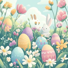 Easter Bunny Amidst Colorful Eggs and Spring Flowers