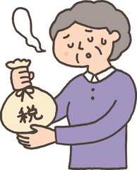 ため息をつきながら税金を納めるシニア女性