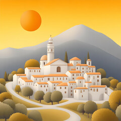 Stylized Village Illustration, Sun, Mountains