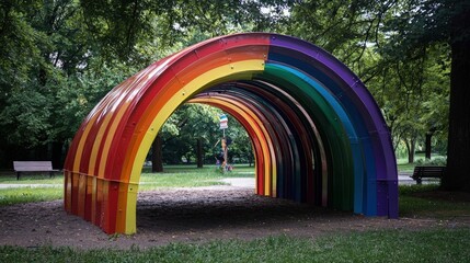 Fototapeta premium Colorful rainbow tunnel made of arches in a park. Pathway under the arch, surrounded by trees and greenery, on a sunny day. Modern urban decor. Generative by AI.