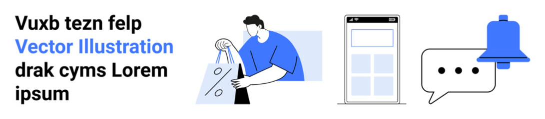 Man holding shopping bag, smartphone interface, text bubble, and blue notification bell. Ideal for e-commerce, user interface design, communication apps, marketing, notifications online shopping