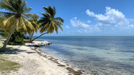 Serene Tropical Beachscape: Palm Trees Grace a Pristine Shoreline under a Azure Sky