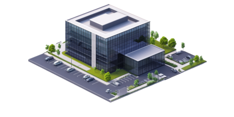 Isometric View of a Modern Office Building with Parking Lot and