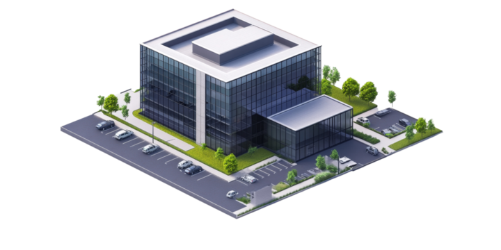 Isometric View of a Modern Office Building with Parking Lot and