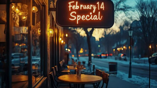 A cozy outdoor cafe with a glowing "February 14 Special" sign, warm lights, and a charming winter evening ambiance.
