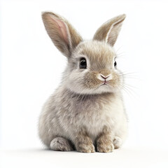Obraz premium A realistic, fluffy bunny with soft fur sitting calmly on a white background. Ideal for use in nature, animal, or pet-themed designs