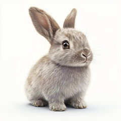 Obraz premium A realistic, fluffy bunny with soft fur sitting calmly on a white background. Ideal for use in nature, animal, or pet-themed designs