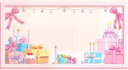 Fototapeta premium A pastel-colored frame with free space for text, consisting of a variety of birthday cakes, candles, gift boxes with large bows, birthday, birthday party scene with cake, gifts and decorations in pink