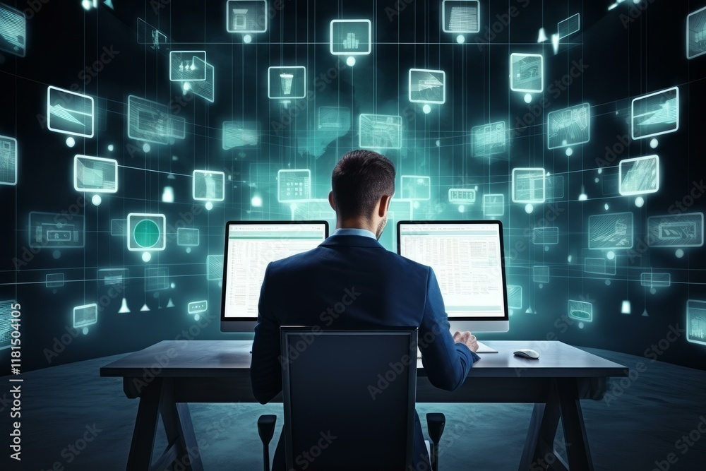 Poster businessman using multiple computer screens with graphs and charts, managing data in a futuristic of