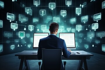 Businessman using multiple computer screens with graphs and charts, managing data in a futuristic office environment