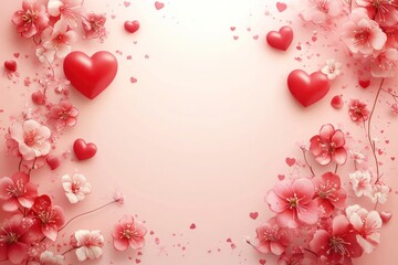 Obraz premium Romantic Minimalist Valentine Background with Red Hearts and Blossoms in a Simple Frame Design Perfect for Love-Themed Celebrations and Greetings