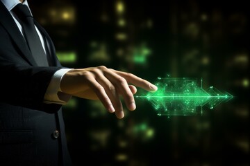 Businessman activating futuristic green holographic display showing data flow
