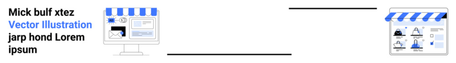 Screen displaying an online store setup connected via arrow to a physical store with business icons. Ideal for e-commerce, retail, business strategy, digital transformation, customer service