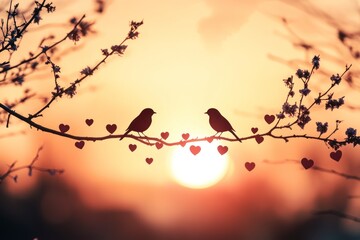 Romantic Silhouette of Two Birds Sitting on a Branch with Heart Decorations Against a Warm Sunset Background for Valentine's Day