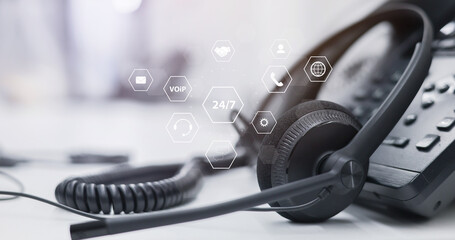 close up telephone voip machine with virtual icon of service provider of communication technology ...