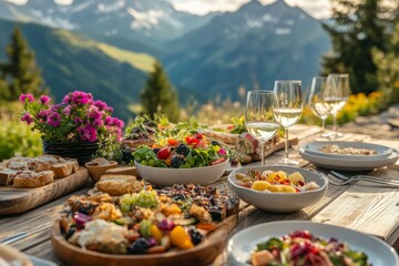 rustic wooden table set with array of delectable dishes, surrounded by elegant wine glasses on the mountain top overlooking with beautiful landscape 
