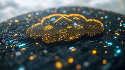 Glowing cloud computing icon on circuit board.