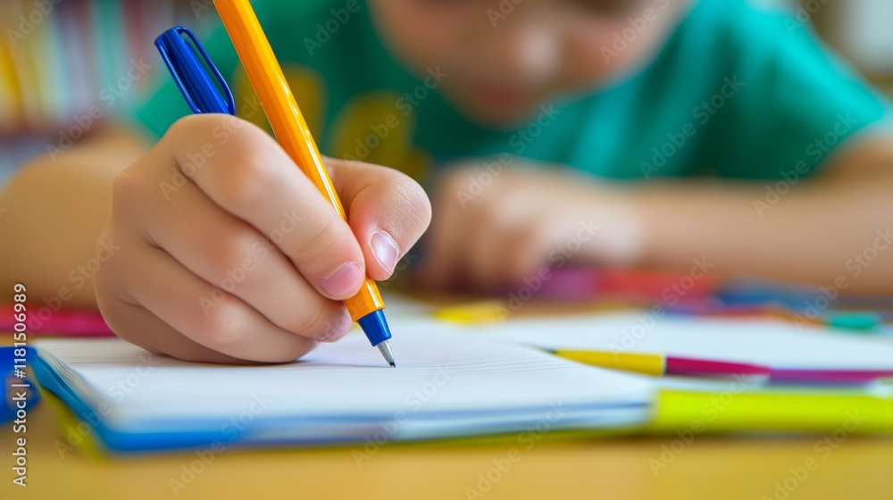 Poster close up of a child's hand holding a pen and writing in a notebook, surrounded by colorful pens in a