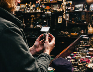 A woman examining an antique item in a shop filled with vintage collectibles.