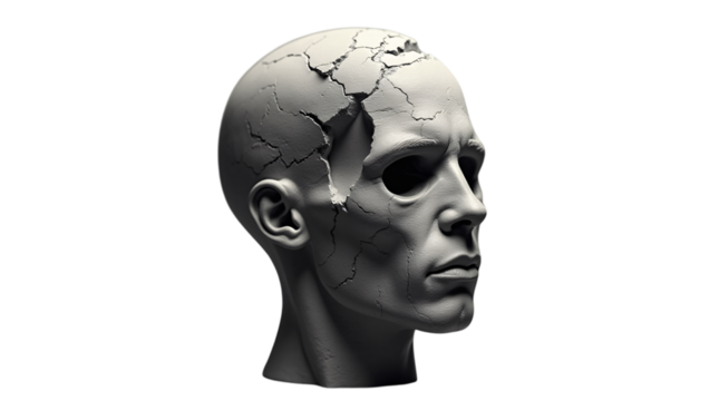 Broken Head Sculpture Conceptually Depicting Depression And Emotional Struggles Isolated On A Transparent Background (PNG).