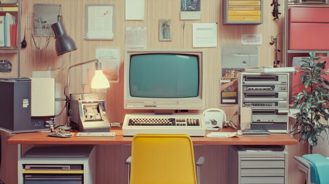 Retro workplace, study, retro computer, desk, photo of old computer, faded, vintage, old technology, the first computers, 1980s, 1990s, busy desk, messy, cluttered, workspace, office, home office - Powered by Adobe