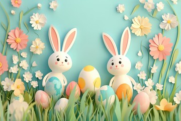 Obraz premium Two Easter Bunnies Amongst Spring Flowers and Eggs