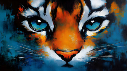 Blue-Eyed Feline: Orange, Blue, Black, Abstract Portrait