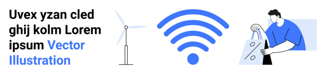 Wind turbine, large wireless signal, man carrying shopping bags. Ideal for e-commerce, online shopping, renewable energy, technology, connectivity digital marketing sustainable living. Landing page