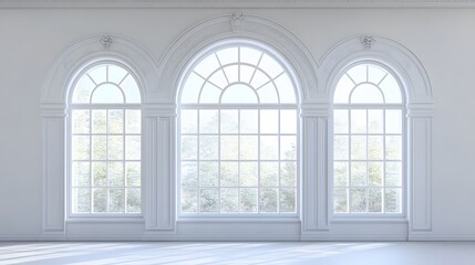 Fototapeta premium A large, arched window with intricate white frame details, set against a plain white background.