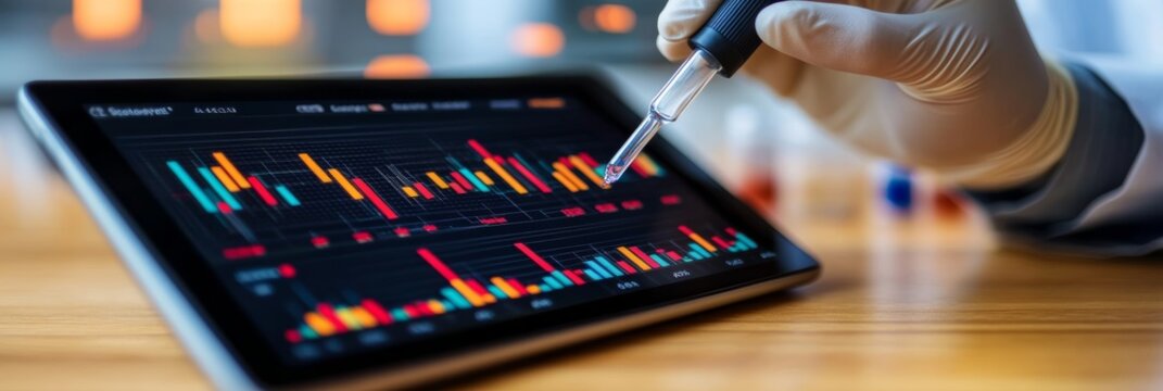Scientist Conducts Analysis with Pipette, Viewing Financial or Scientific Data Projected on a Tablet