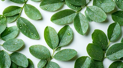 Closeup of vibrant green leaf dewdrop isolated seamless white background natural fresh appeal