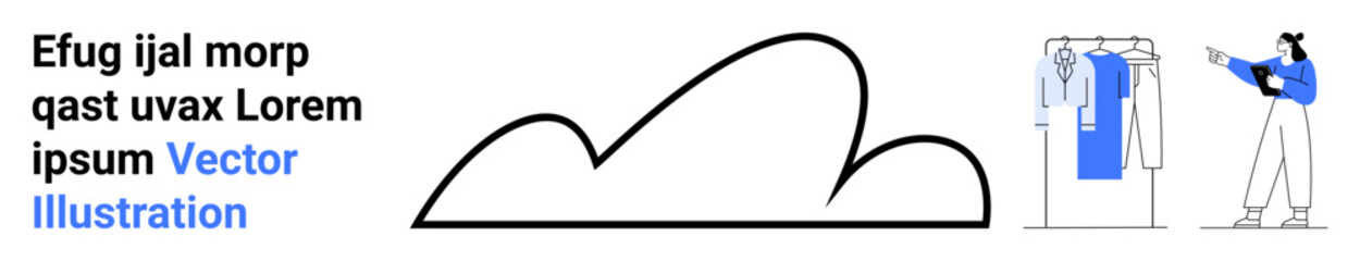 Person considering clothing on rack, adjacent to cloud line art and sample text. Ideal for fashion, decision-making, online shopping, wardrobe selection, personal styling, data visualization