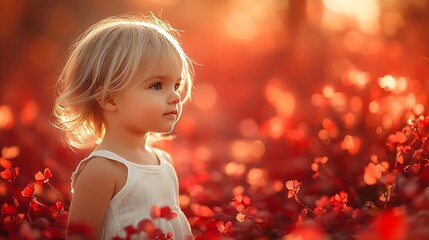 Fototapeta premium Child in a Field of Red Flowers for Valentine's Day
