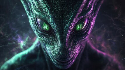 Fototapeta premium Close-up of a reptilian alien with glowing eyes against a cosmic backdrop.