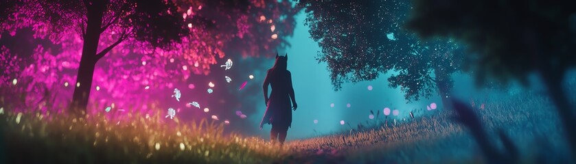 Silhouette of a person walking through a mystical, glowing forest at night.  Ethereal, magical, fantasy atmosphere.