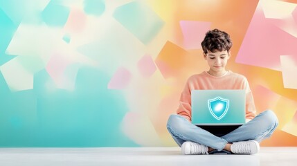 Young boy using laptop, displaying shield icon representing cybersecurity awareness, highlighting digital safety for youth