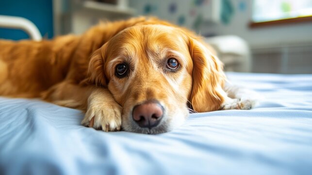 Sick dog, sad dog, unwell, cute photo, funny animal photo, adorable, golden retriever, sulking, sad eyes, dog photo, silky fur, long ears, floppy, dog lying down, close up, dog face, dog nose close up