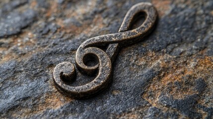 Close-up of a treble clef on a dark stone surface.