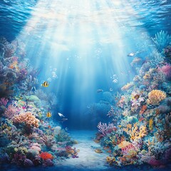 Fototapeta premium Vibrant underwater scene with sunbeams illuminating a colorful coral reef, teeming with fish. Perfect for ocean, nature, and marine life themes.