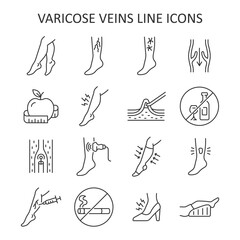 Varicose veins line icon set. Leg veins thrombosis disease. Treatment, surgery and prevention of varicose veins vector sign with ultrasaund, ulcer, phlebectomy, laser coagulation.