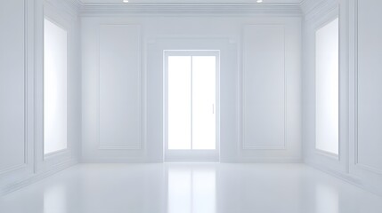 A large white door with frosted glass panes, framed by simple white walls.