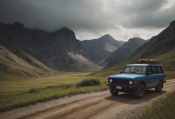 Naklejka premium old vintage car on road travel , realistic illustration