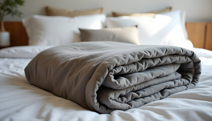 Fototapeta premium Soft gray blanket neatly rolled on the bed for addressing sleep disruptions in a cozy bedroom
