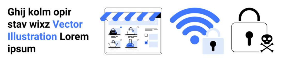 Online storefront with security icons such as padlock and wireless signal. Ideal for e-commerce, cybersecurity, online shopping safety, data encryption, secure transactions, and digital locks