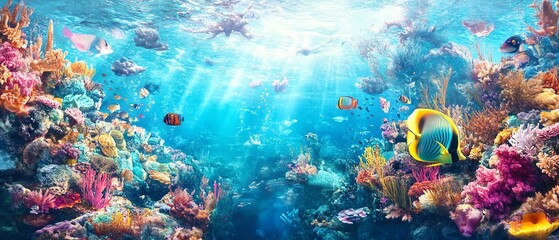 Fototapeta premium Vibrant coral reef teeming with colorful fish. Sunlight streams through the water, illuminating a stunning underwater scene.