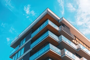 A tall apartment building with many balconies under a blue sky