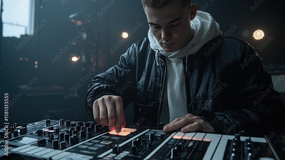 Aufkleber dj adjusting glowing filter knob in studio close-up photography dynamic music environment creative p
