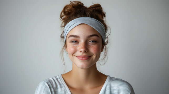 smiling young european woman in pajamas, with a headband on her head on white background